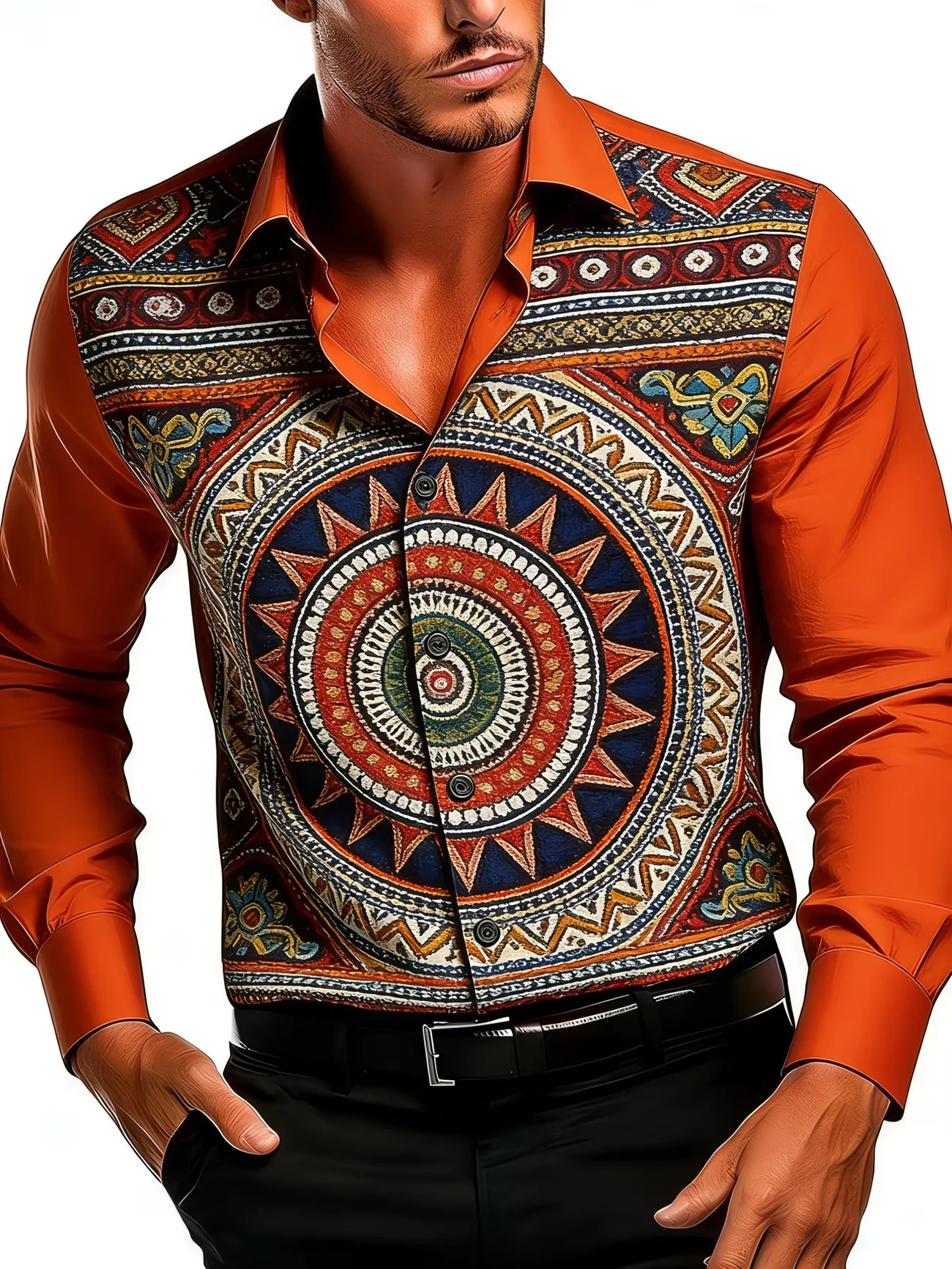 New ethnic style Mandala printed men's long sleeved shirt with orange collar and color blocked shirt clothing