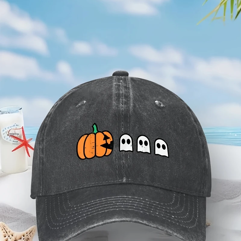 Halloween Gamer Pumpkin Eating Ghost Costume Baseball Cap - Y2K Retro Snapback Hat with Pumpkin & Bones Graphic, Black/Orange Ha
