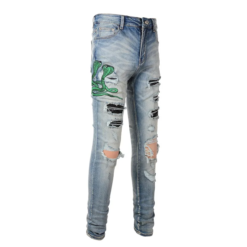 Best Seller EU Drip Jeans Men's Blue High Street Distressed Slim Fit Stretch Holes Embroidered Snake Patchwork Ripped Jeans