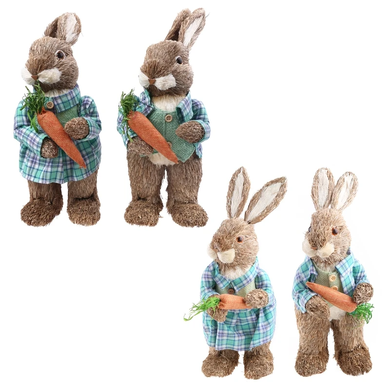 2pcs Straw Rabbits Bunny Decorations Easter Party Home Garden Wedding Ornament Photo Props Crafts