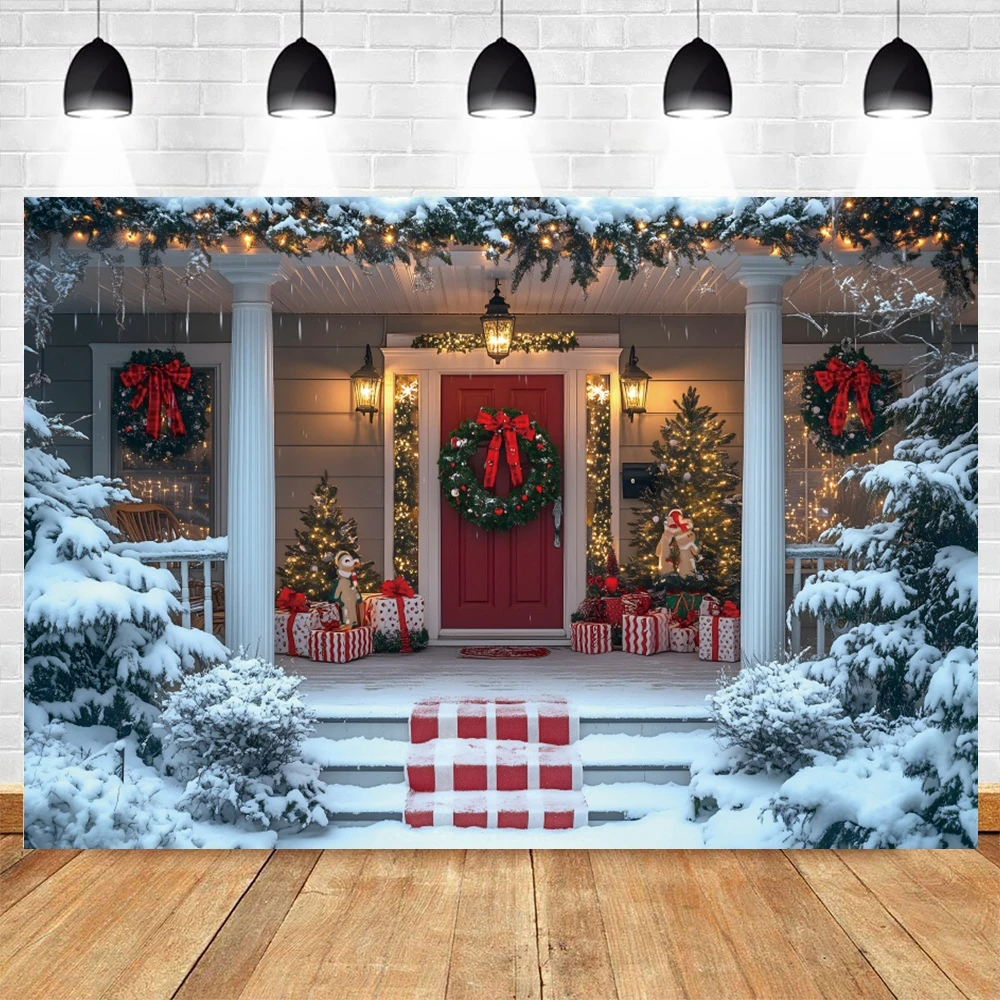 Зимний Рождественский фон для фотосъемки конфетного магазина, детский фон для вечеринки в канун Рождества, декор для вечеринки, рождественская елка, дверной венок, фотофон