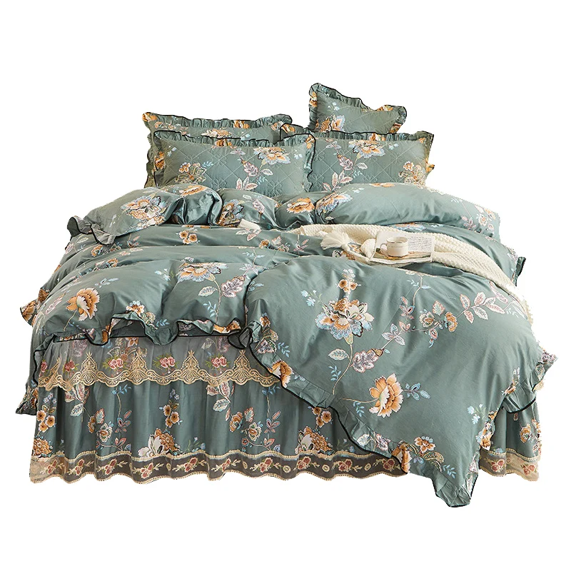 Four-piece set of padded thickened bed skirt Korean version  lace plant flower print bedspread double quilt cover bedding simple