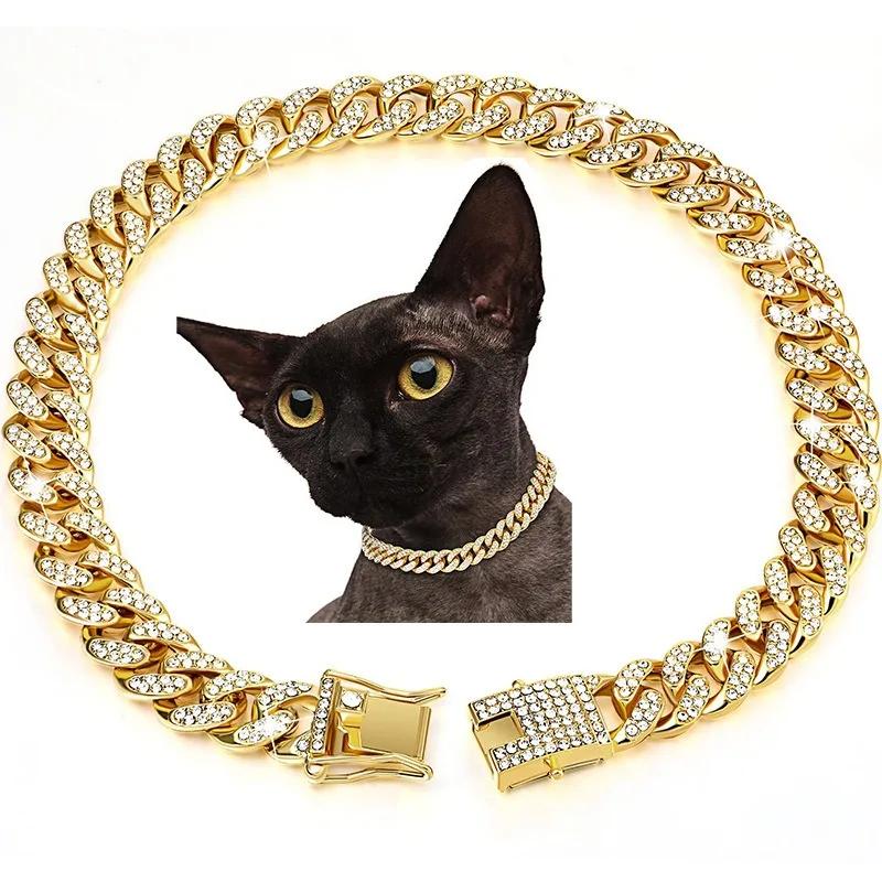 Luxury Gold Cat Necklace Jewelry Rhinestone Pet Cuban Chain Collar Kitten Doggie Wedding Prom Costume Accessories for Cats Puppy