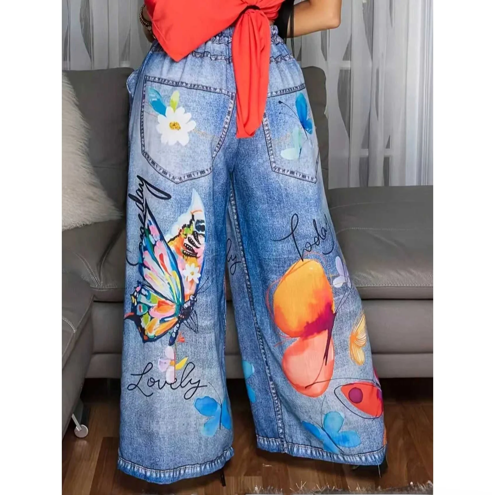 Cross-Border Floral Print Casual Women's Straight Leg Jeans Fashionable Pockets mid Waist Straight Cut Winter Collection