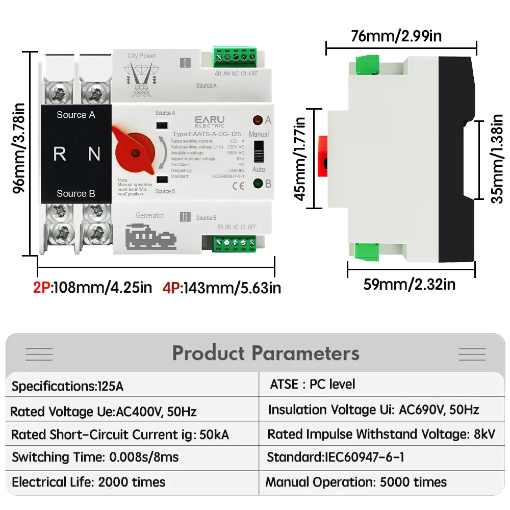 2P 4P ATS Dual Power Automatic Transfer Switch Selector Switches Uninterruptible Millisecond Power Generator 100A AC 220V 110V
