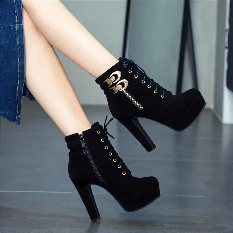 2024 New Autumn Ankle Boots for Women Platform High Heels Shoes Woman Buckle Short Booties Casual Faux Suede Footwear