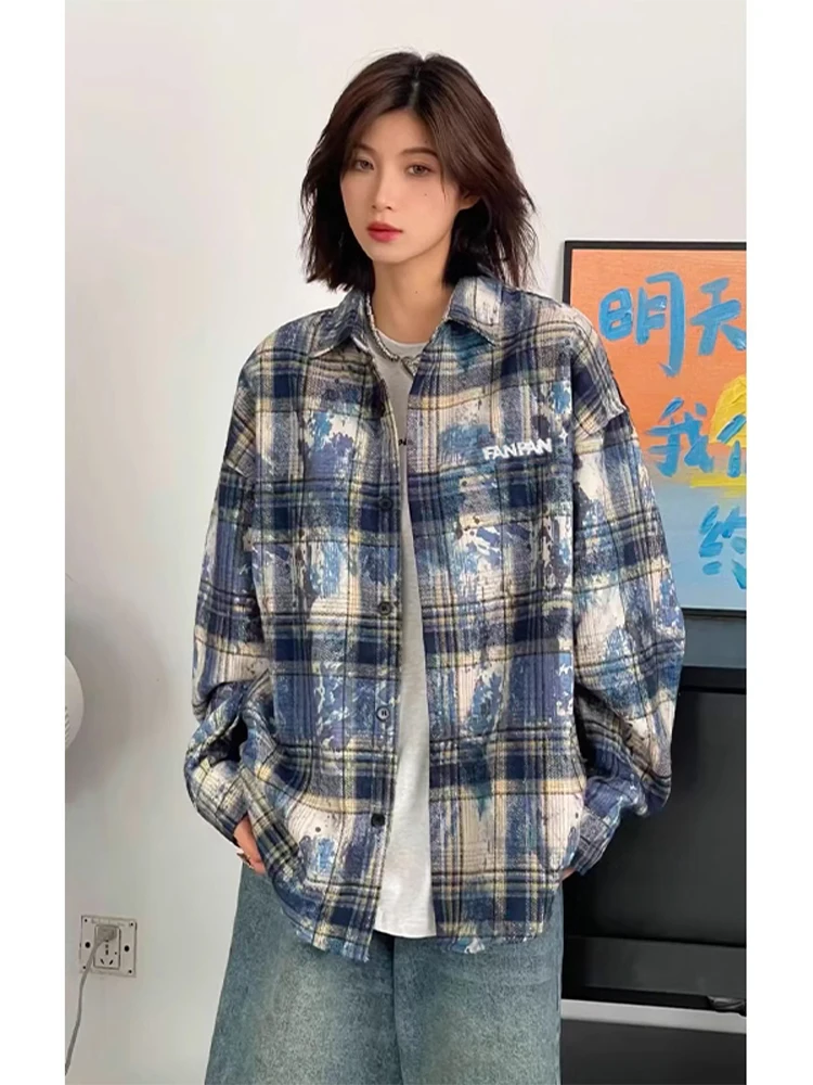 

Blue Dyed Plaid Long Sve Men's irt American High Street Sle Cheered Cleanfit Trendy Brand Couple Outerwear
