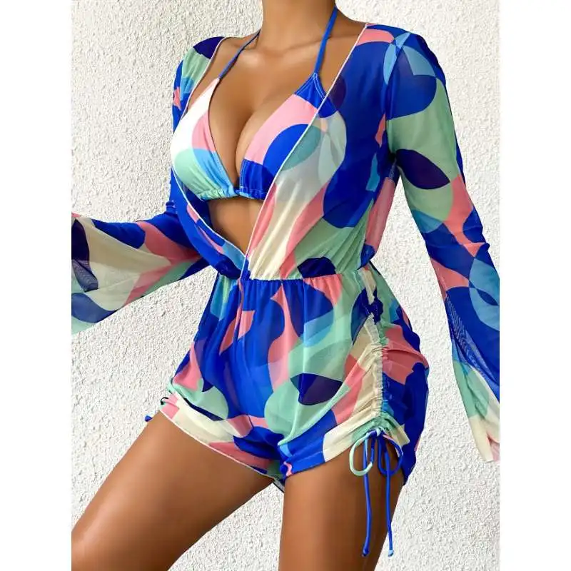 

Women's sexy three-piece swimsuit with long-sleeved mesh cover-up and bikini style