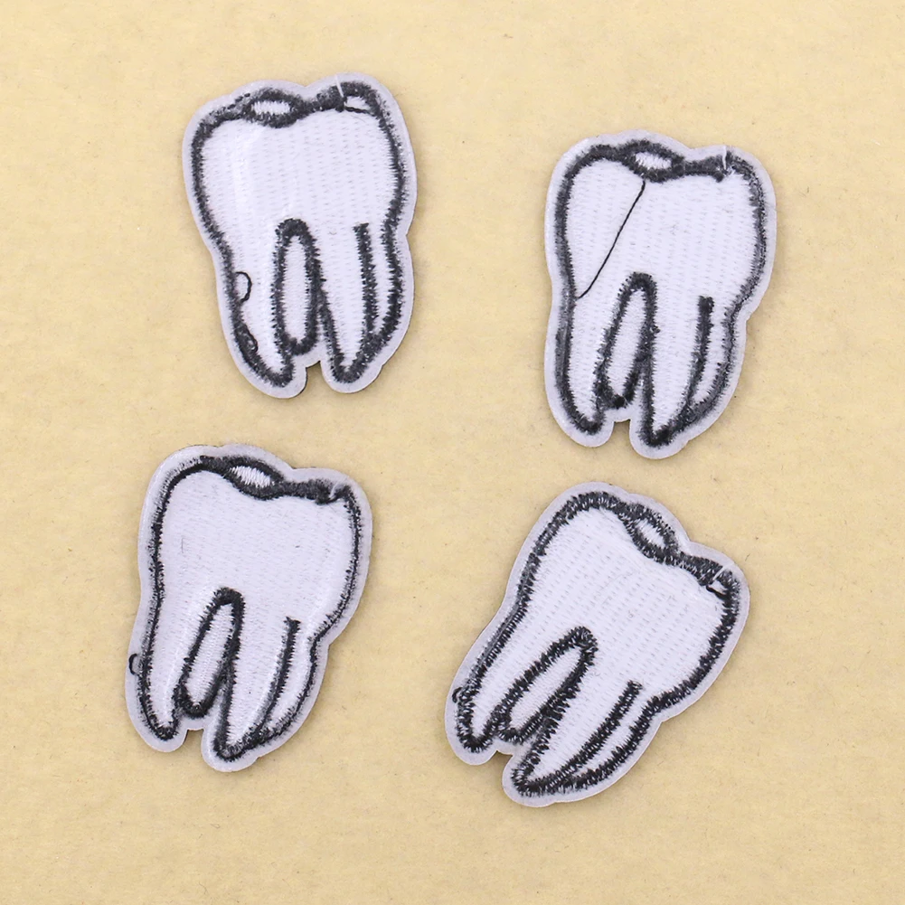 5PCS White Teeth Embroidery Patches Iron on Transfer Stripes Appliques Clothes Sticker Clothing Tooth Badges for Backpack Jacket