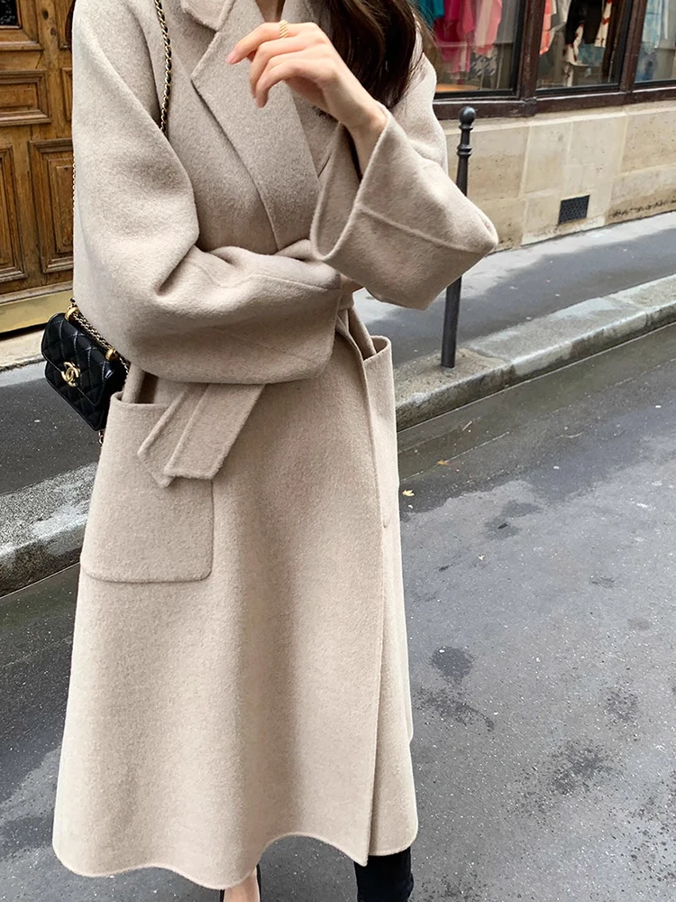 Manteau en laine Chic à col de costume Vintage d'automne, avec attaches à la taille longues, Double ket, vêtements d'extérieur pour femmes