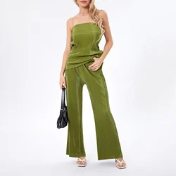 Women's Aesthetic 2 Piece Summer Clothing Set Sexy Strapless Back Cutout Bandeau Top + Wide Leg Pants Set
