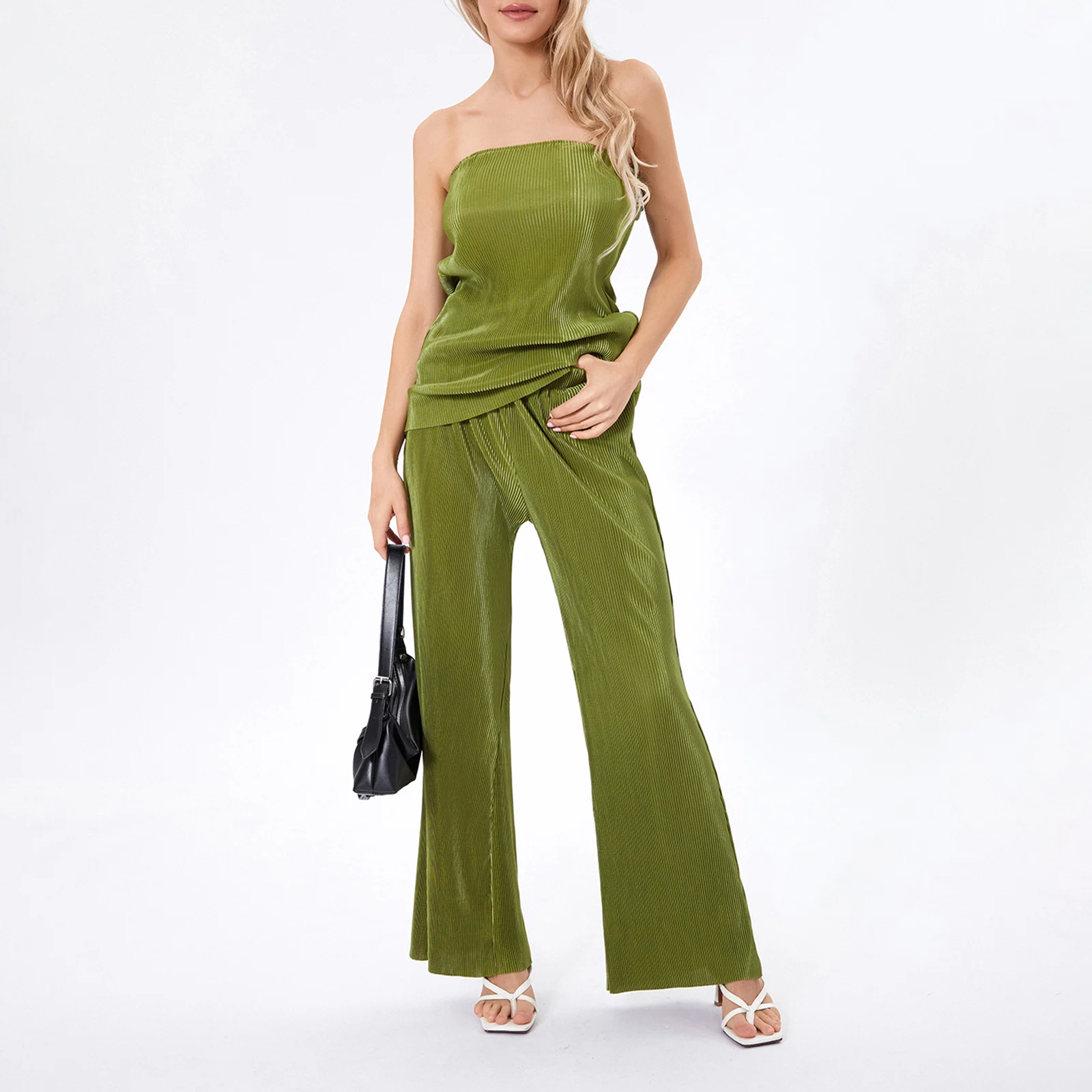 Women's Aesthetic 2 Piece Summer Clothing Set Sexy Strapless Back Cutout Bandeau Top + Wide Leg Pants Set