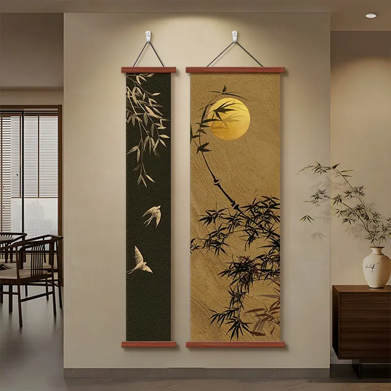 Bamboo Pattern Two-Panel Ink Art Vertical Scroll Wall Poster Asian Home Decor for Entryway Hallway Zen Study & Japanese Tea Room