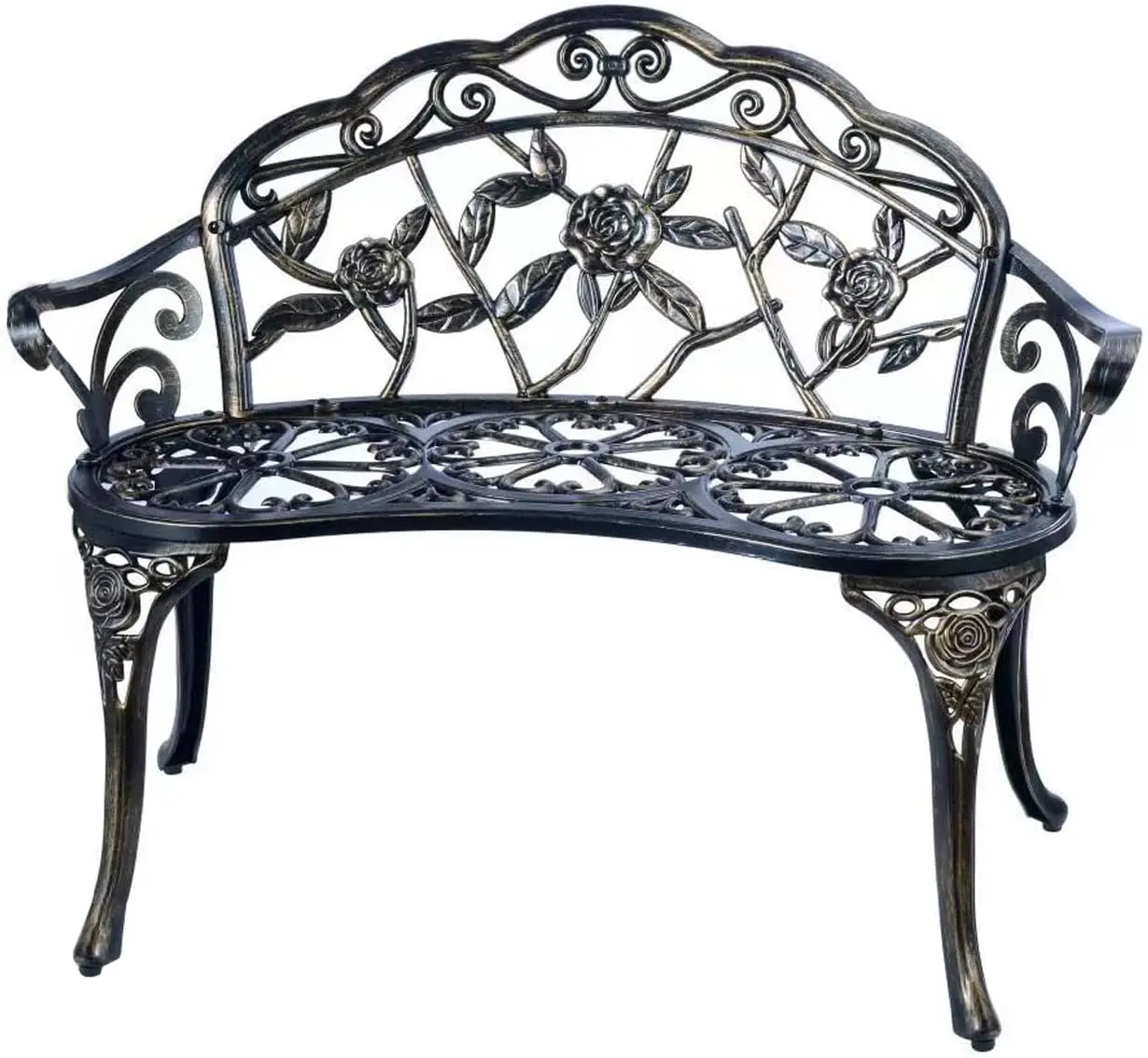 Patio Garden Bench, Metal Park Chair Outdoor Furniture, Floral Rose Pattern Seating For Lawn Yard Porch, Weather Resistant Anti Rust Cast Aluminum Structure, Antique Vintage Style, Copper, Single Pack
