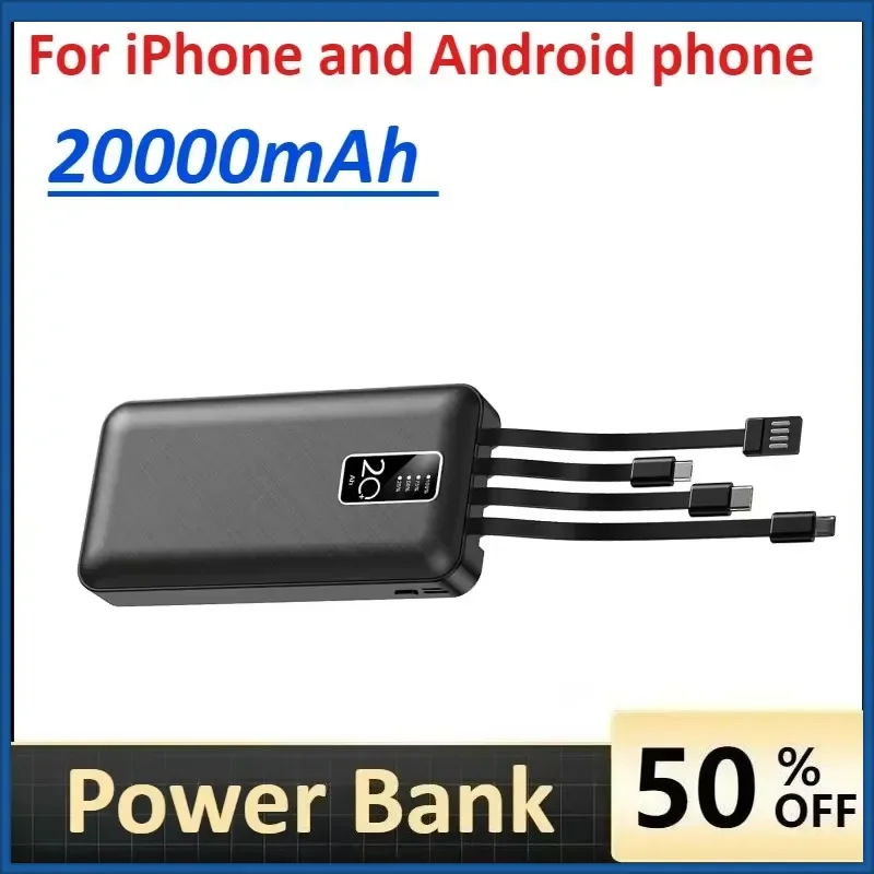 20000mAh power bank with built-in cable Fast Charging for iPhone and Android phone portable charger