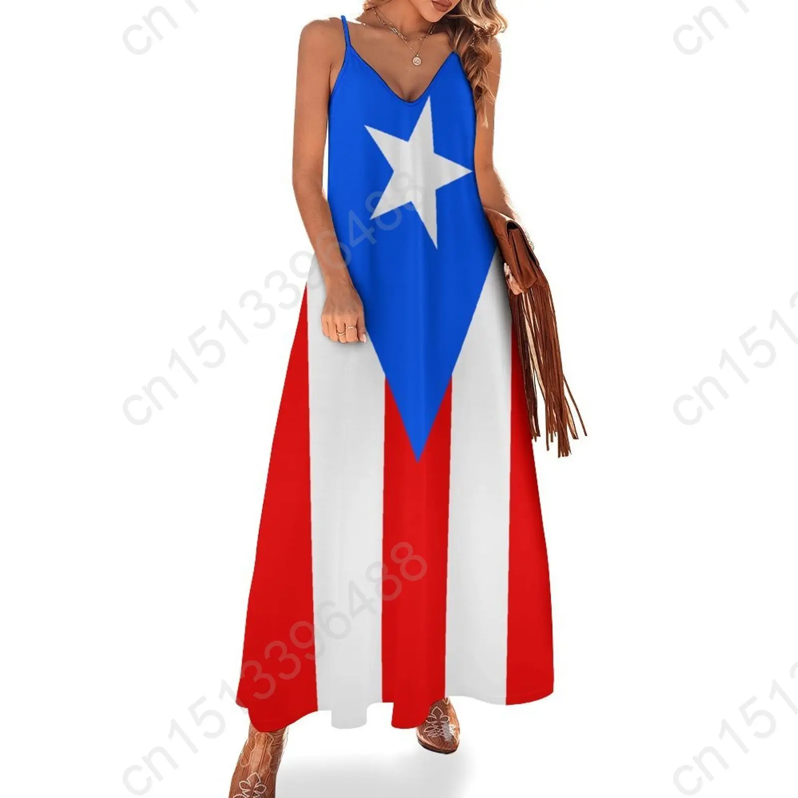 

Puerto Rico Flag Print New Casual Sleeveless Long Dress Women's V-Neck Printed Dress Swing Retro Dresses