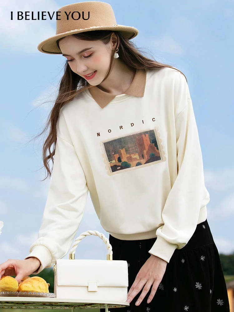 I BELIEVE YOU Spring New Fahion Sweatshirts For Women Loose Polo Collar Printed Long Sleeves Sweatshirts Female Tops 2224194365