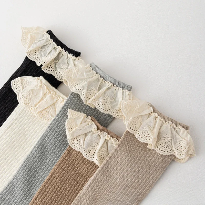Instagram Children's Lace Socks No Heel Over Knee Mid length Socks Newborn Baby Cute Socks Four Seasons Spring and Autumn