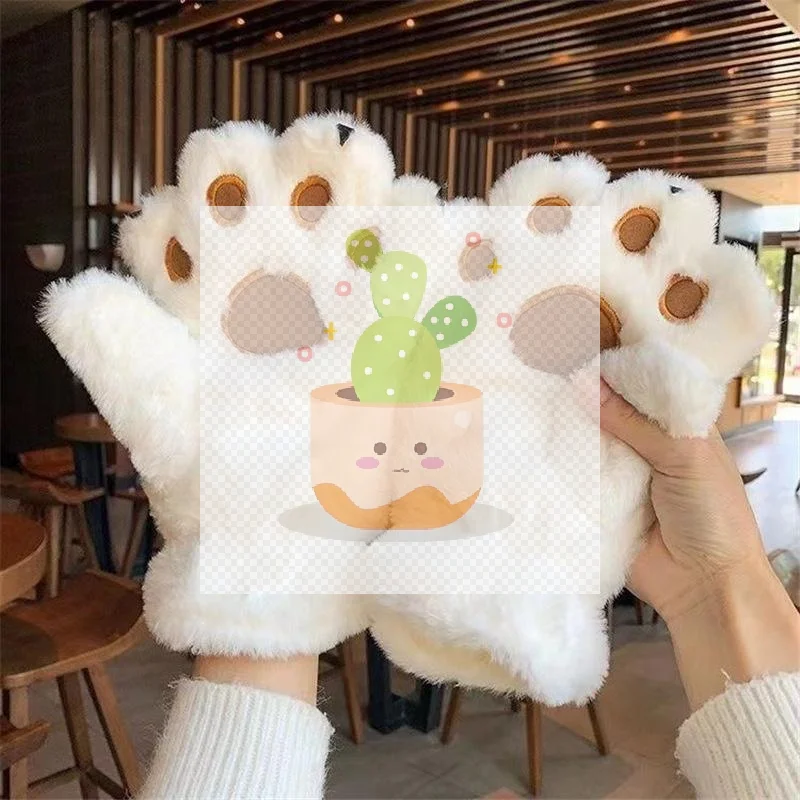 قفازات نسائية الدب النخيل باو الحيوانات أفخم مخلب قفاز الشتاء رقيق القط باو قفازات كاملة الأصابع الدفء جميل لينة فروي القفازات