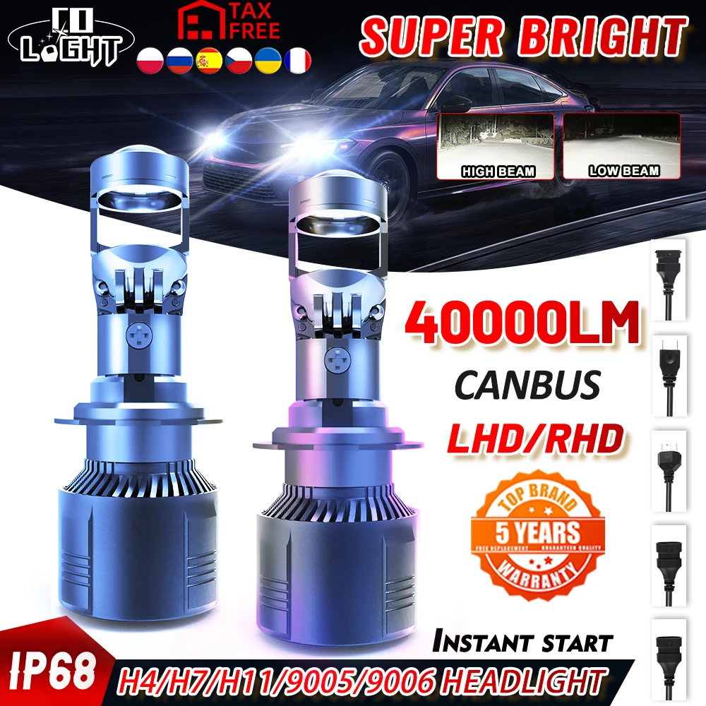 CO LIGHT 40000LM H4 H7 Led Canbus Projector Lens H11 9005 HB3 9006 HB4 Mini Projector Lens Auto Car Light H7 6000K Fog Lamp 12V