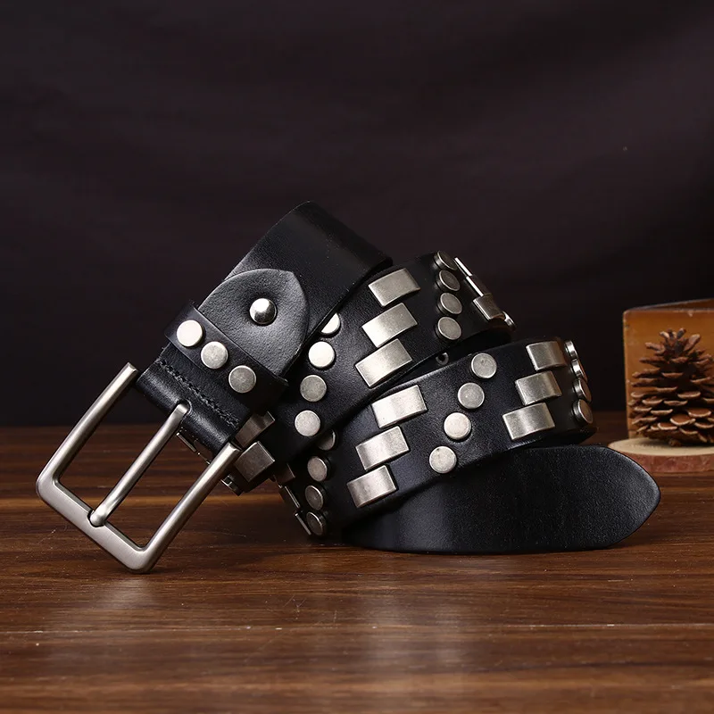 

men luxury fashion punk DJ stage rivets belts black brown cow leather studded belt designer waistband pin buckle strapon leash