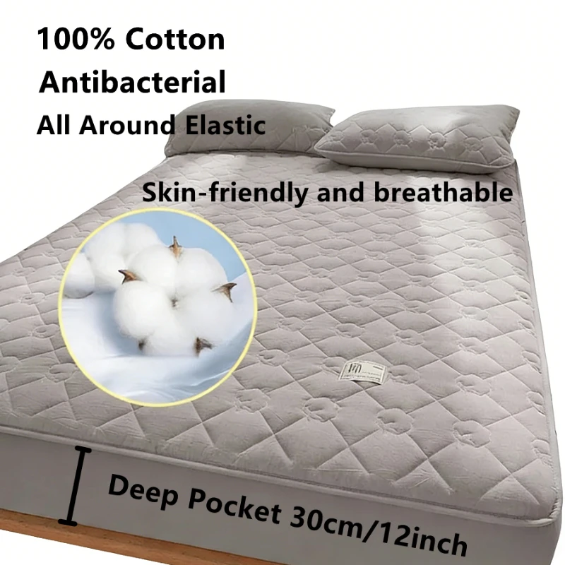 100% Baumwolle Gesteppter Matratzenschoner, Atmungsaktiver Anti-Milben Elastischer Matratzenbezug mit Tiefen Taschen, Passend für 5-28cm