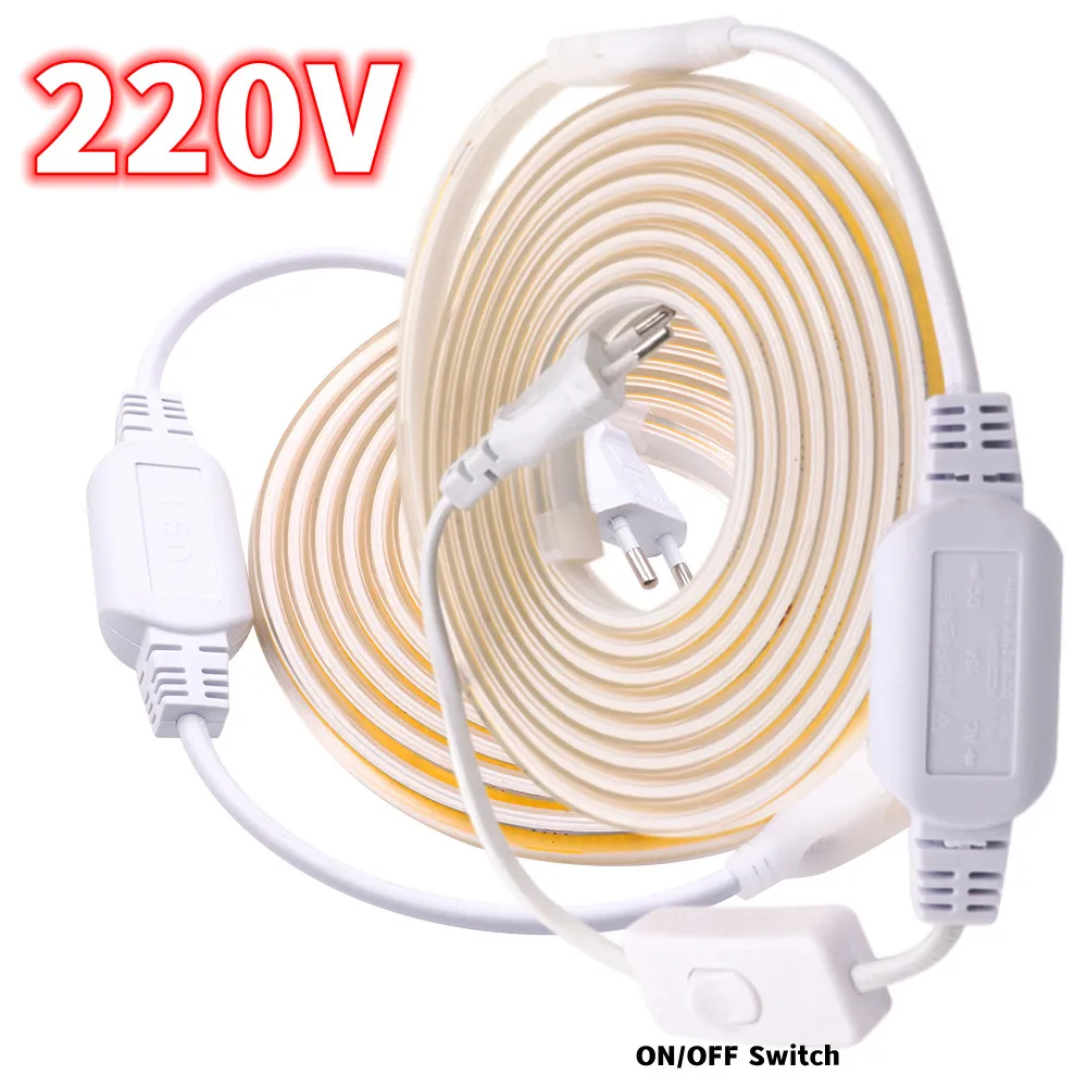 COB LED Strip 220V 360LEDs/m Super Bright Flexible Waterproof Light Stripe Diode Tape Rope Lamp EU Plug Cold/Natural/Warm White