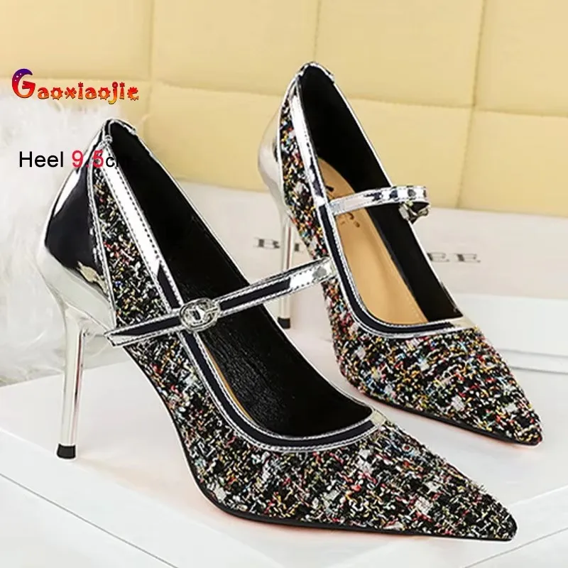 

French Style Woman Single Shoes Small Fragrant Style Woven Cloth Shallow Mouth Metallic Splicing Super High Heel Nightclub Pumps