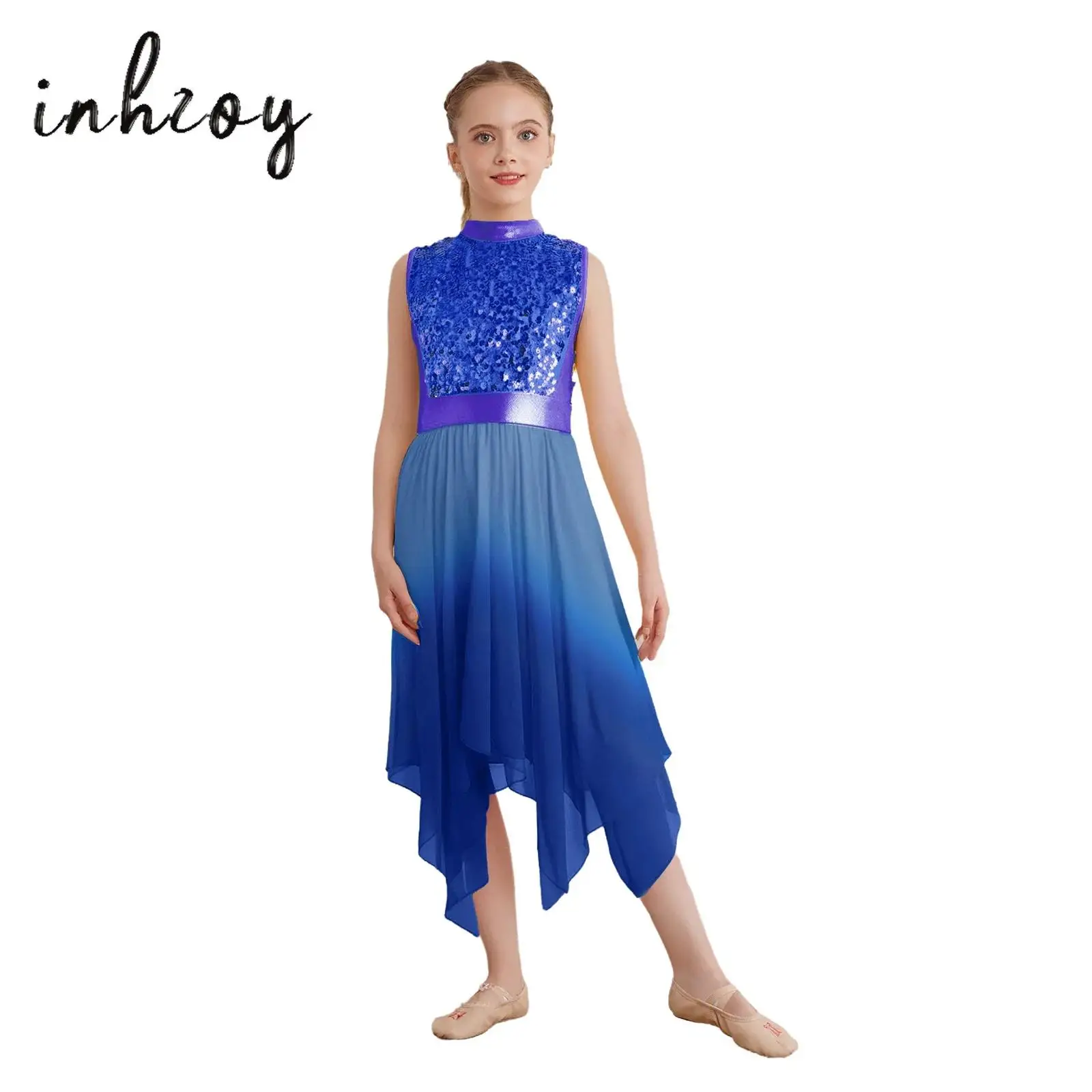 

Girls Liturgical Worship Praise Dance Dress Contemporary Lyrical Dancewear Sleeveless Sequins Bodice Asymmetrical Tunic Dresses