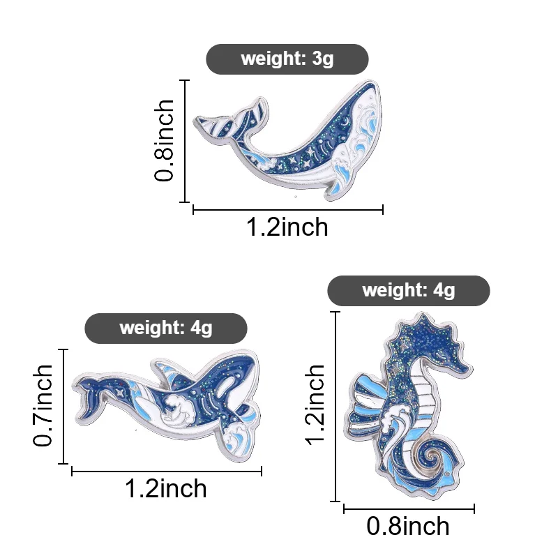 Blue Sea Creature Enamel Pin Moon Whale Killer Whale Seahorse with Sparkle Background for Oceanography Fans Casual Bag Charm
