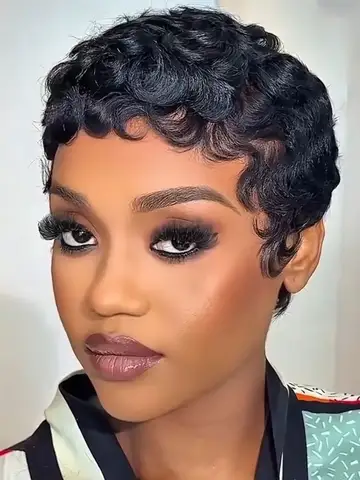 #1B Curly Pixie Cut Short Wigs For Women Natural Black Curly Wig Peruvian Remy Human Hair Bob Full Machine Made Wig 150% Density