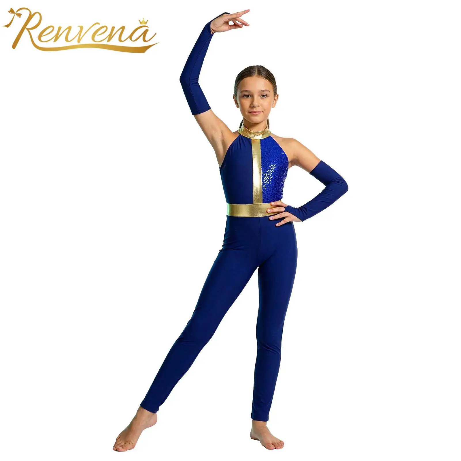 Kids Girls Gymnastics Costumes Sequin Patchwork Dance Jumpsuit Halter Sleeveless Bodysuit with Gloves Stage Performance Outfit
