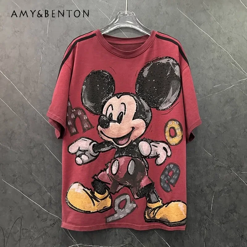 

Popular Design Sequin Printing Cartoon Crew Neck Short Sleeved T-Shirt Women's Loose Casual Versatile Top Tees Aesthetic Clothes