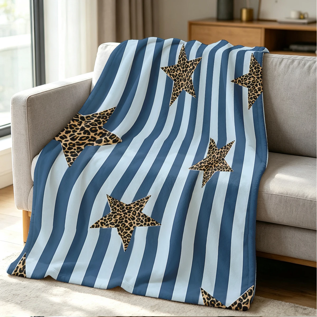 Blue Stripes Leopard Stars Flannel Blanket Warm Soft Halloween Christmas Couch Warm Cozy Decorative Decor Gift for All Season