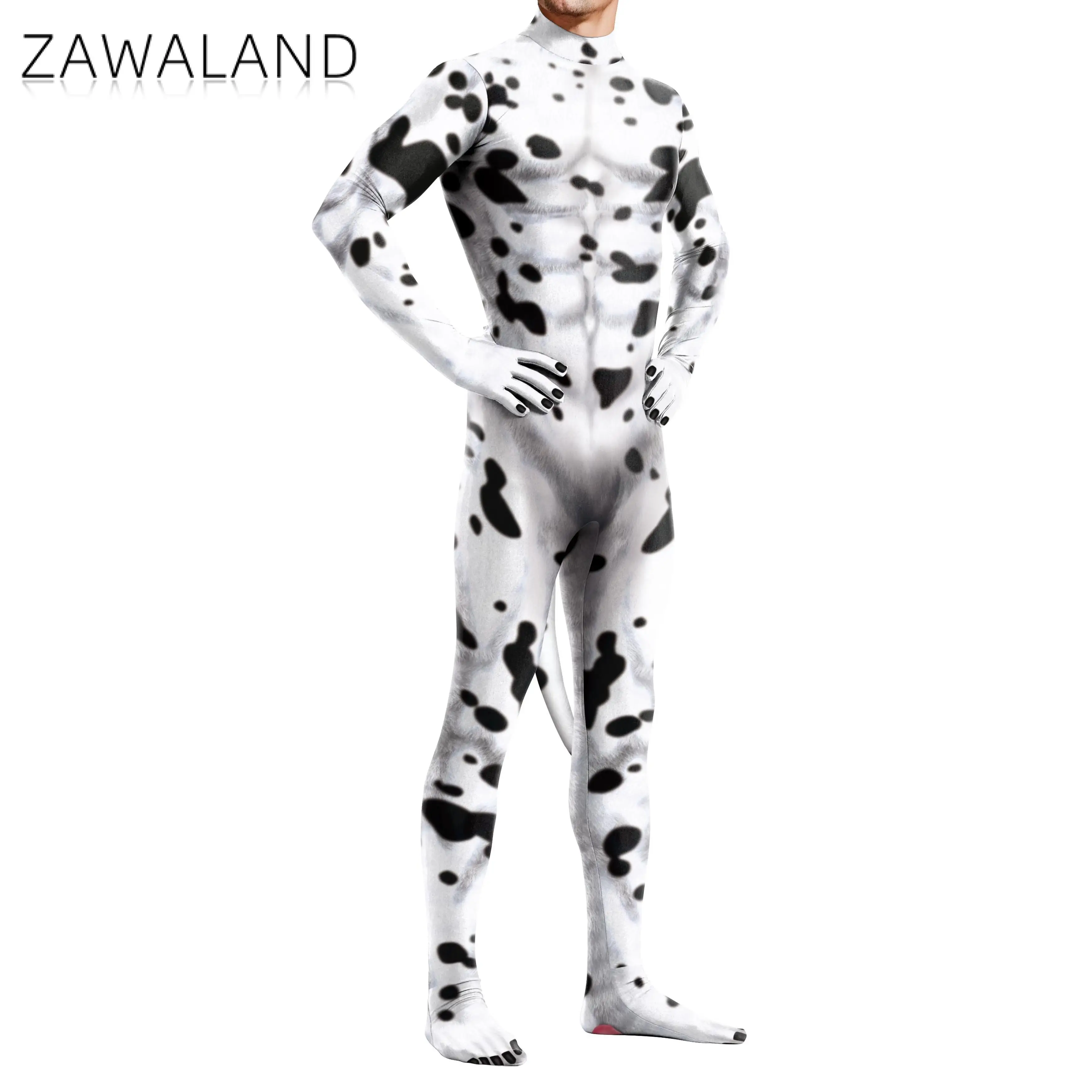 Zawaland Dairy Cows Costume with Tail Halloween Animal Cosplay Outfit Couple Zentai Bodysuits Crotch Zipper Disguise Jumpsuits