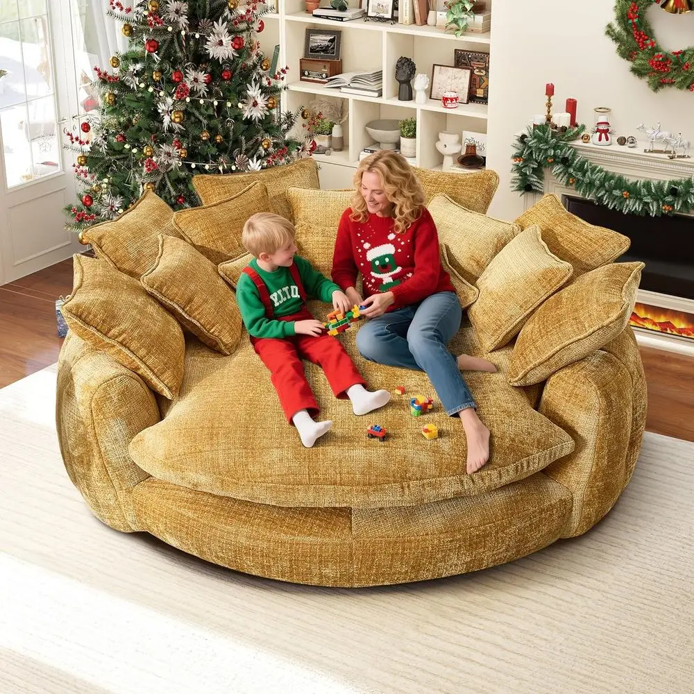 

81.1" Oversized Round Chaise Lounge, Extra-Thick 14.9" Seat Wrap-Around Back Guard Spines In Open-Plan Lot, Villa,Game Den, Roun