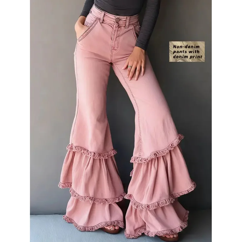 

Весенние женские брюки с рюшами, имитация джинсовой ткани, расклешенные, с высокой талией, в стиле ретро, с дизайнерскими вставками, облегающие, повседневные