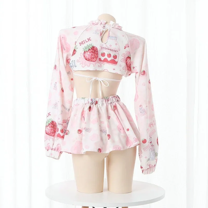 Anime Maid Outfit Cosplay Uniform Pink Lolita Dresses Cow Girl Strawberry Long Sleeve Hollow Out Bikini Skirt Tops Set Costumes