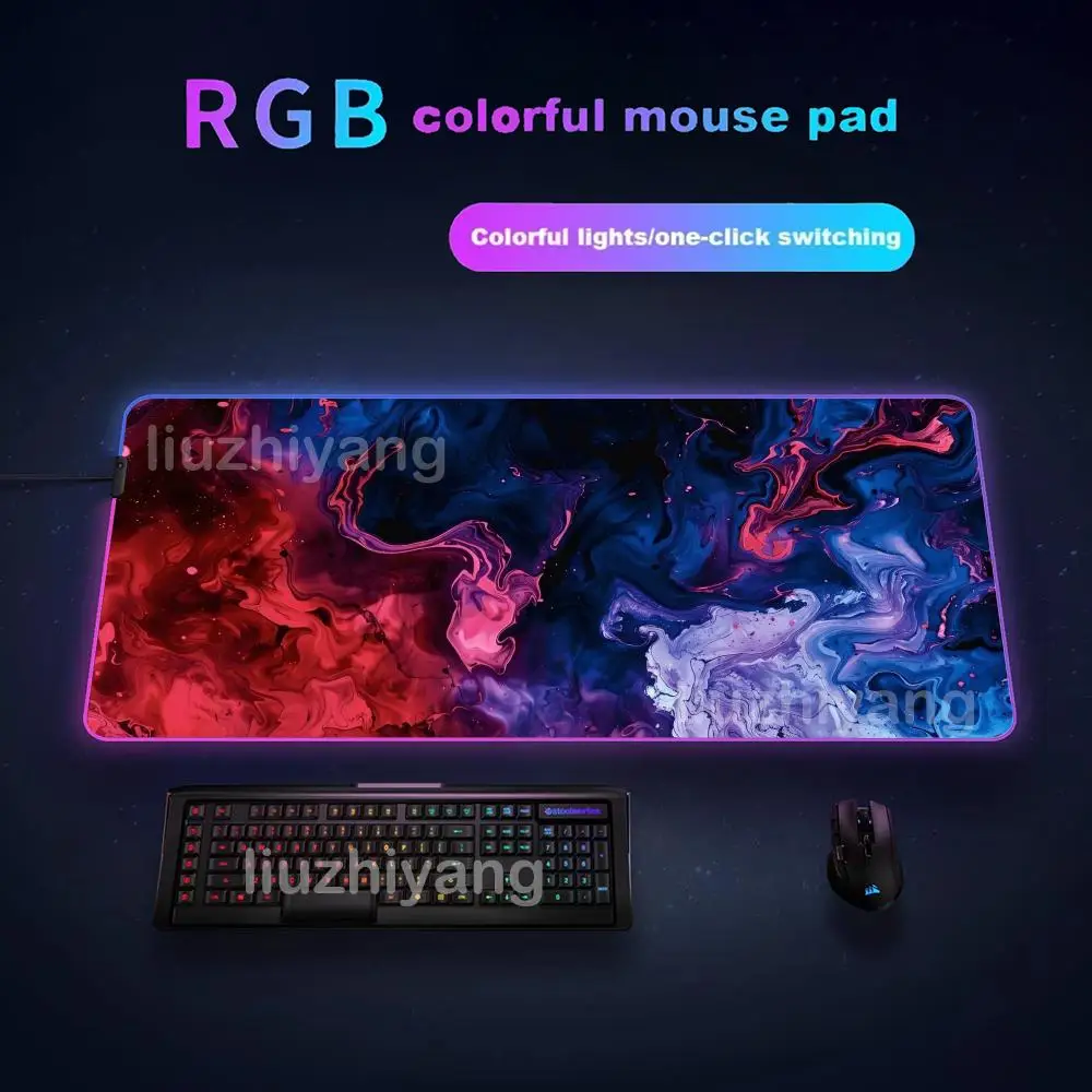 

Коврик для мыши с абстрактным жидким искусством, большой игровой коврик для мыши RGB, светодиодный светильник с замком по краям, игровые аксессуары, коврик для клавиатуры ПК, настольный коврик XXL 90x40 см