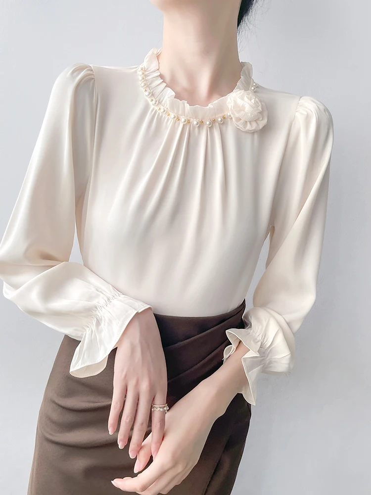 

Korean Sle Satin Long Sve Pearl Lace Collar irt Women's Commute Profional OL Interview irt Warm Skin-friendly Bre...