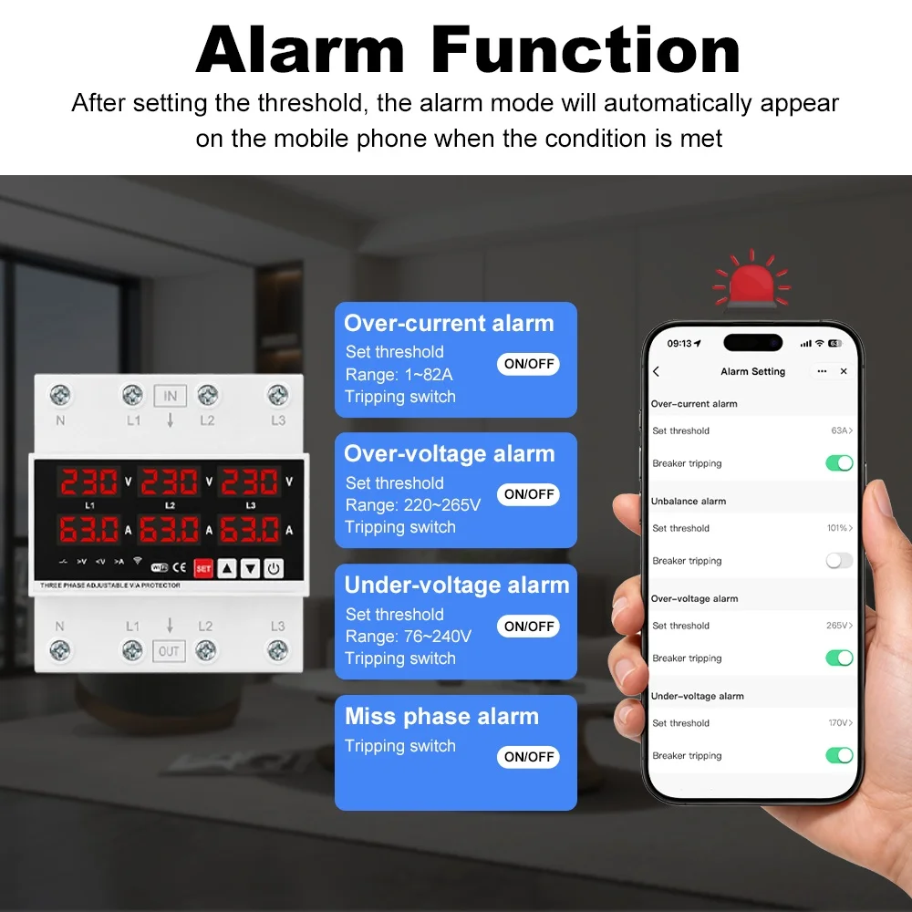 Manhot Three Phase WiFi Smart Circuit Breaker 4P 63A Energy Power Over Under Voltage Protector Timer Work Smart Life APP Alexa
