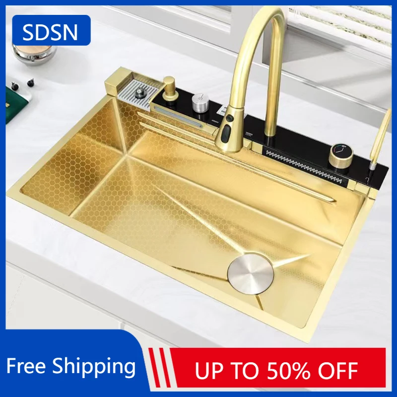

Brushed Gold Kitchen Sinks Rainfall Waterfall Hot Cold Pull Out Kitchen Sink Mixer Faucet Tap Stainless Steel Rain Kitchen Sink