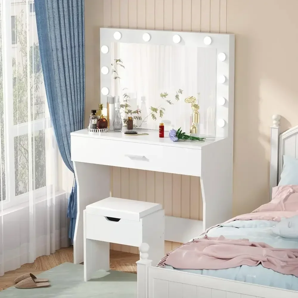 Lighted Mirror Makeup Vanity Set with Storage Stool, Large Desk for Bedroom in White