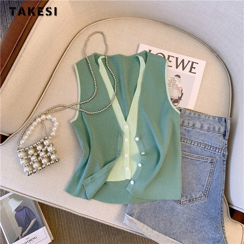 Fake Two Pieces Sweater Vest Women 2024 Summer Sleeveless V-neck Tops Knitwear Stylish Fashion Chic Sexy Ladies Jumpers Vests