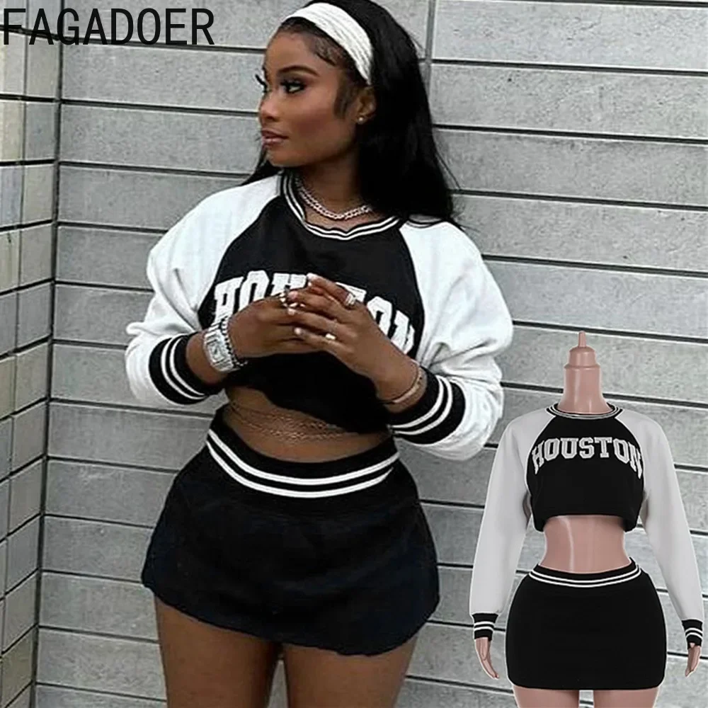 FAGADOER Y2K Letter Print Two Piece Set Outfit Autumn Winter Women Baseball Jacket Top and Mini Skirt Suits Female Streetwear