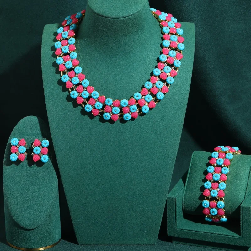 Vintage Blue And Red Color Pumpkin Fruit Jewelry Sets Luxury Natural Stone For Woman Necklace Bracelet Earring High Quality Gift