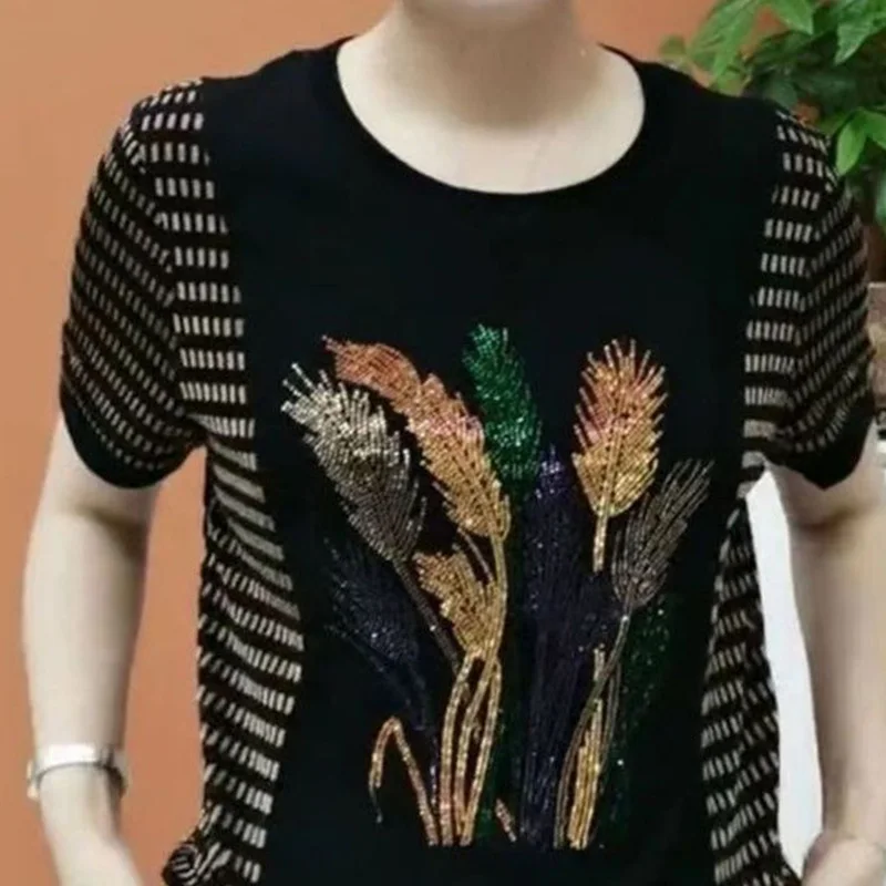 女性用半袖ルーズフィットシャツ,ハイウエスト,ルーズフィット,エレガント,ファッショナブル,プリント,ストライプ,クルーネック,シック,y2kトップス,夏,ニュー,2024