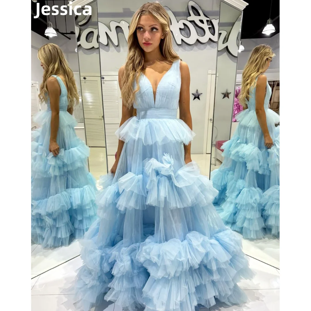 

Jessica Light Blue Prom Dresses Luxe Tulle Layering Women's EveningDresses Wedding Dress Formal Party Dresses Robes De Soirée