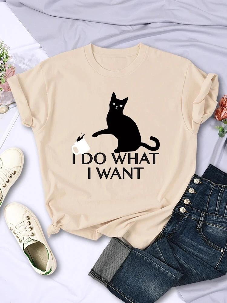 تي شيرت نسائي على شكل قطة سوداء أفعل ما أريده تي شيرت نسائي أنيق إبداعي بأكمام قصيرة عتيق ملابس نسائية غير رسمية قابلة للتنفس