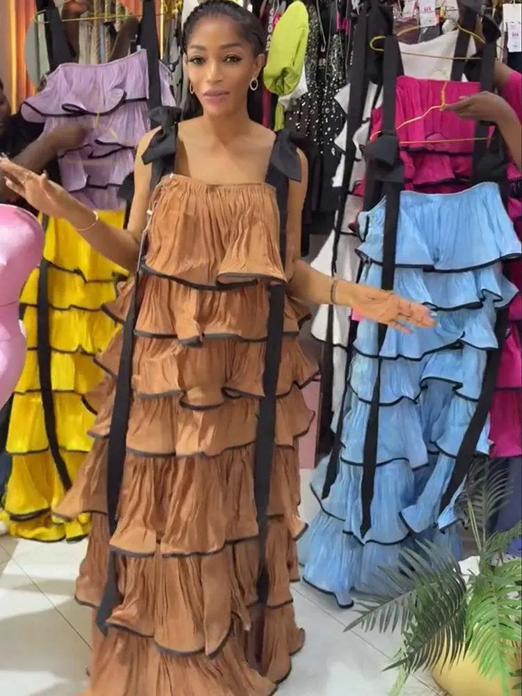 ladies summer dresses wholesale Frilly Tiered Long Maxi Dress Evening Women Clothing Elegant Sleeveless Dress Dropshipping Long dresses